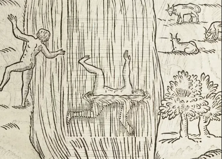 A man falling into water and then drowning.