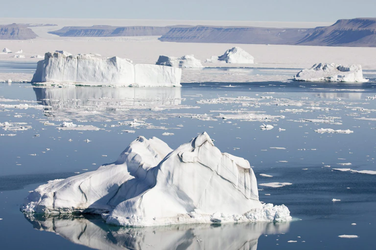 Large icebergs on an ice-strewn bay