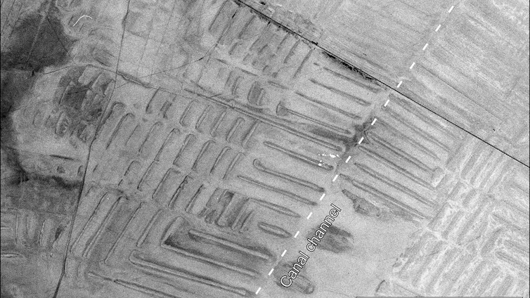 A black and white photos showing rectangular patterns on a landscape.