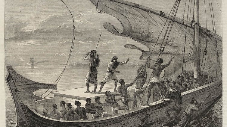 An illustration of a ship with African men captive, some boarding boats as men in tunics try to control them and another ship approaches.