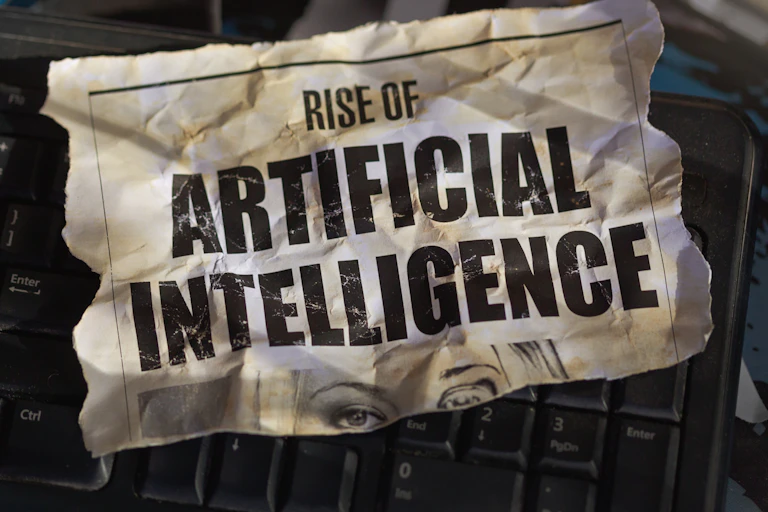 Illustration of a crumpled piece of paper with text saying Rise of Artificial Intelligence