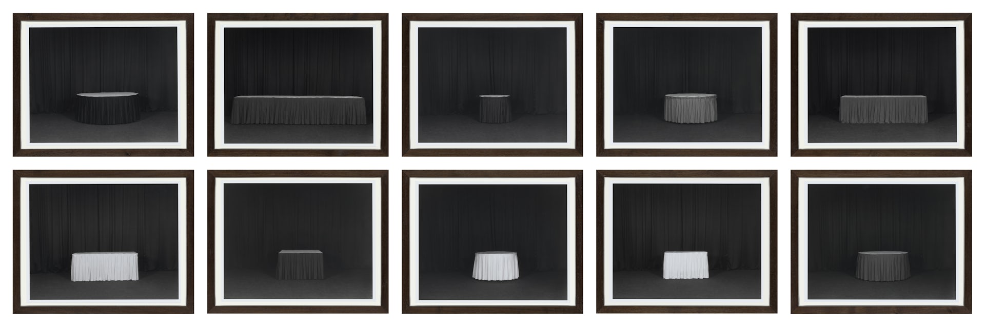 Ten black and white photographs of various banquet tables covered in tablecloths.