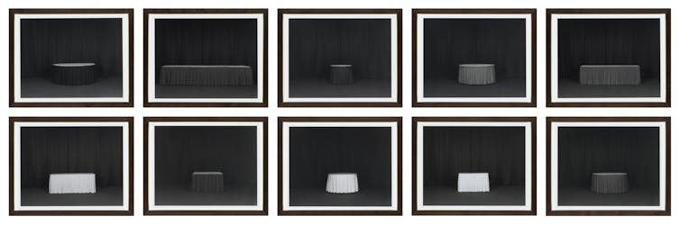 A immediately face, with a wink – the delicate humor of deadpan pictures 3 Ten black and white photographs of various banquet tables covered in tablecloths.