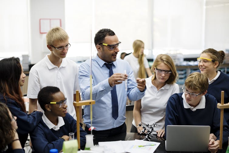 Group of students in science class
