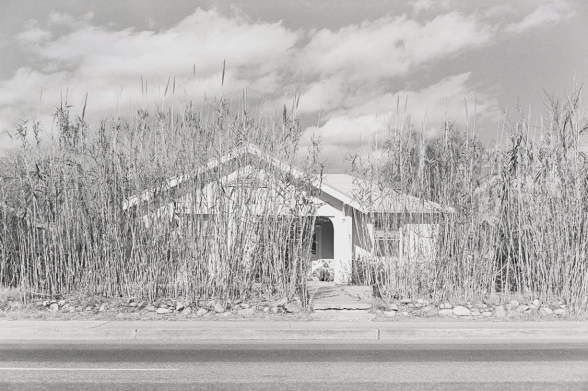 Foto en blanco y negro del estuco, casa de un piso rodeada de altas malezas.