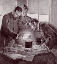 A drawing of three people standing by a glowing cauldron on a workbench.