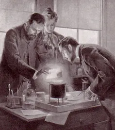 A drawing of three people standing by a glowing cauldron on a workbench.