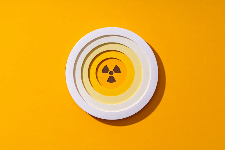 A bright radiation symbol in a circle. It is three triangles coming off of a center circle, equally spaced apart.