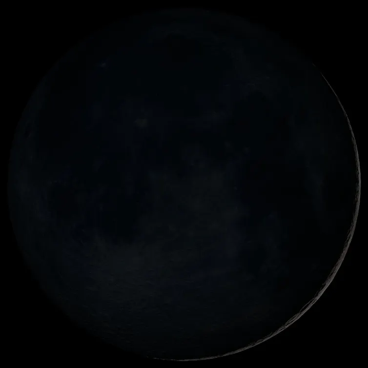 The Moon showing its craters and texture, but very dark, and a slight sliver of light runs along the lower right side of the Moon.