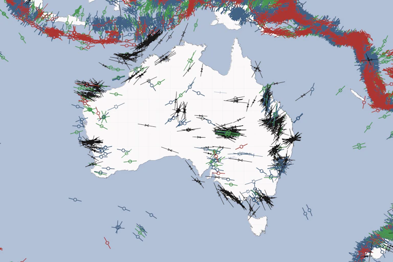 Map of Australia and surroundings showing stress patterns.