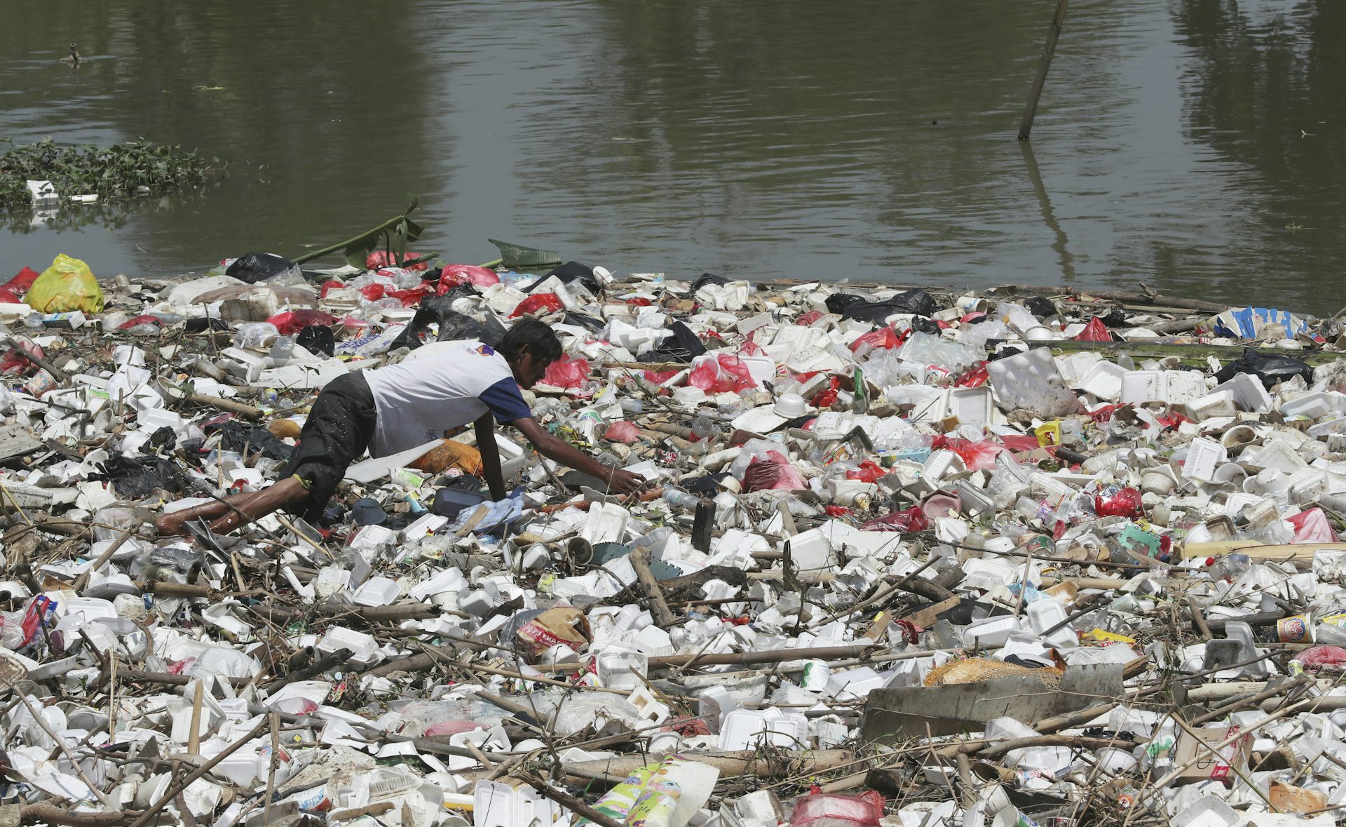 Seorang pria memilah-milah tumpukan sampah.