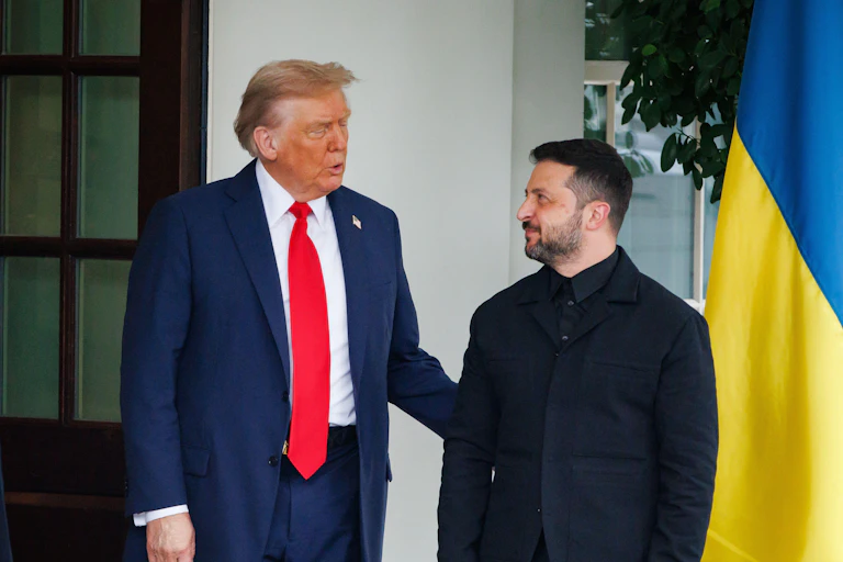 Donald Trump greets Volodymyr Zelensky at the West Wing of the White House, Washington, August 18.