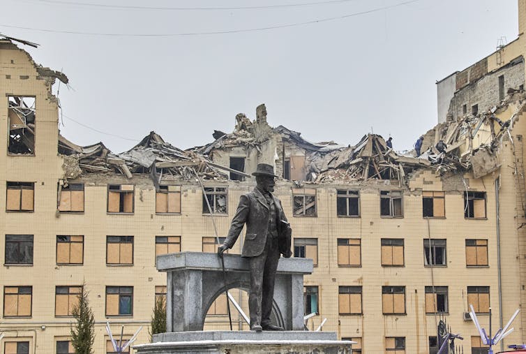 Kharkiv's National University of Urban Economy after being shelled by Russian forces in February 2023.