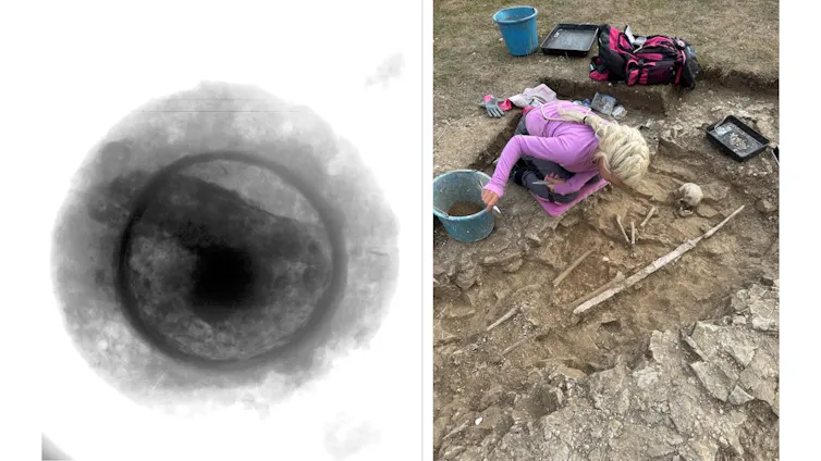 (Left) X-ray of a shield boss showing it was used. (Right) A sword being discovered in a sixth centiry grave.