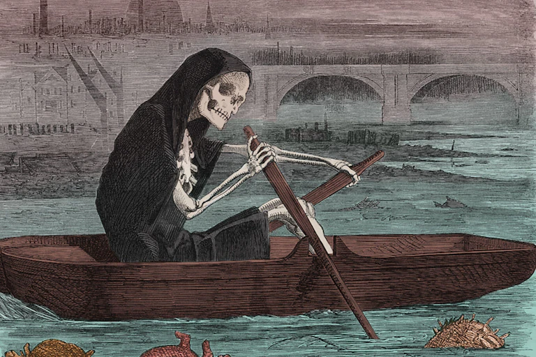 graphic illustration of skeleton rowing boat in sewer