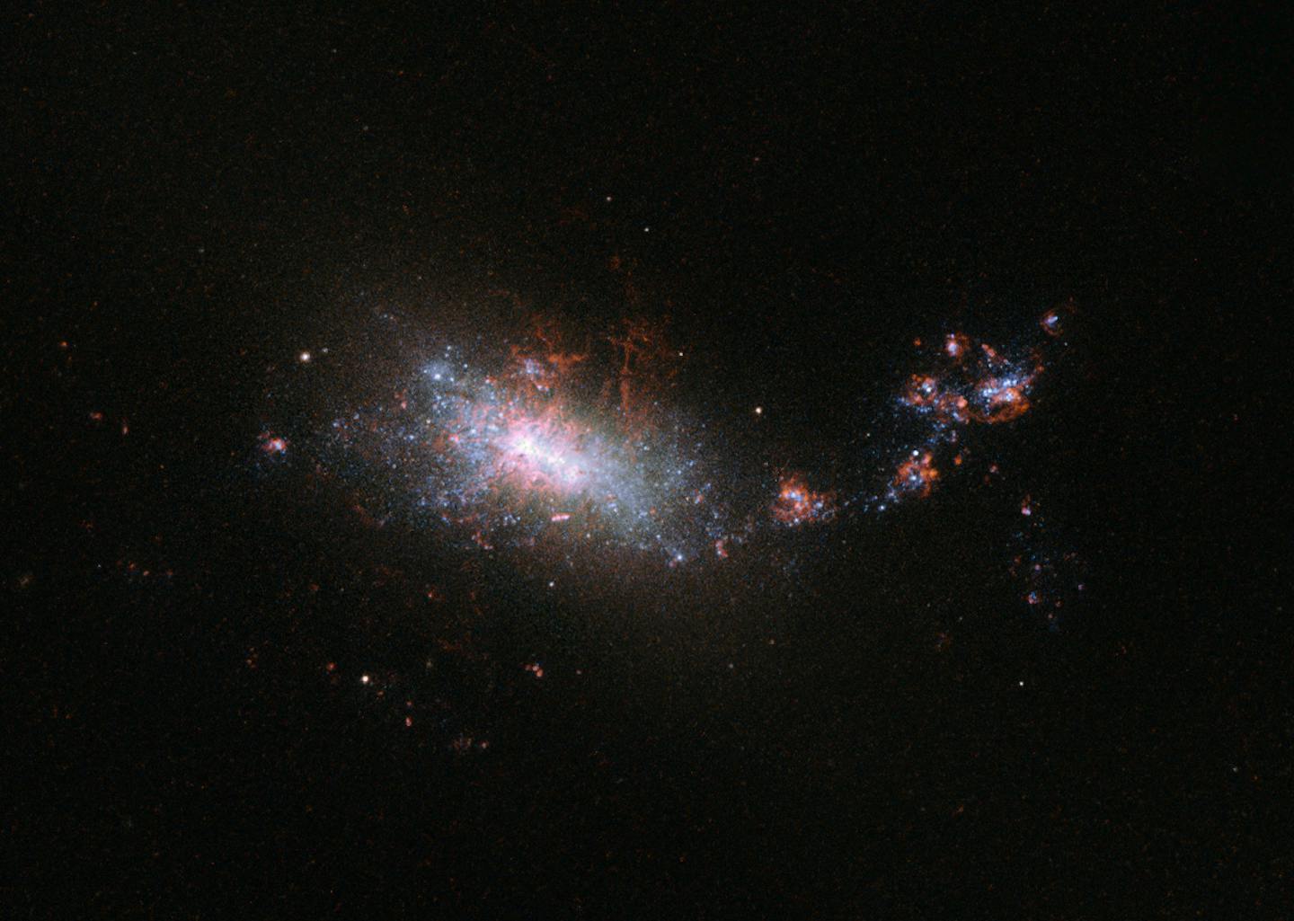 A clump of small bright dots representing stars, shown near a bright spot in the center of the image.