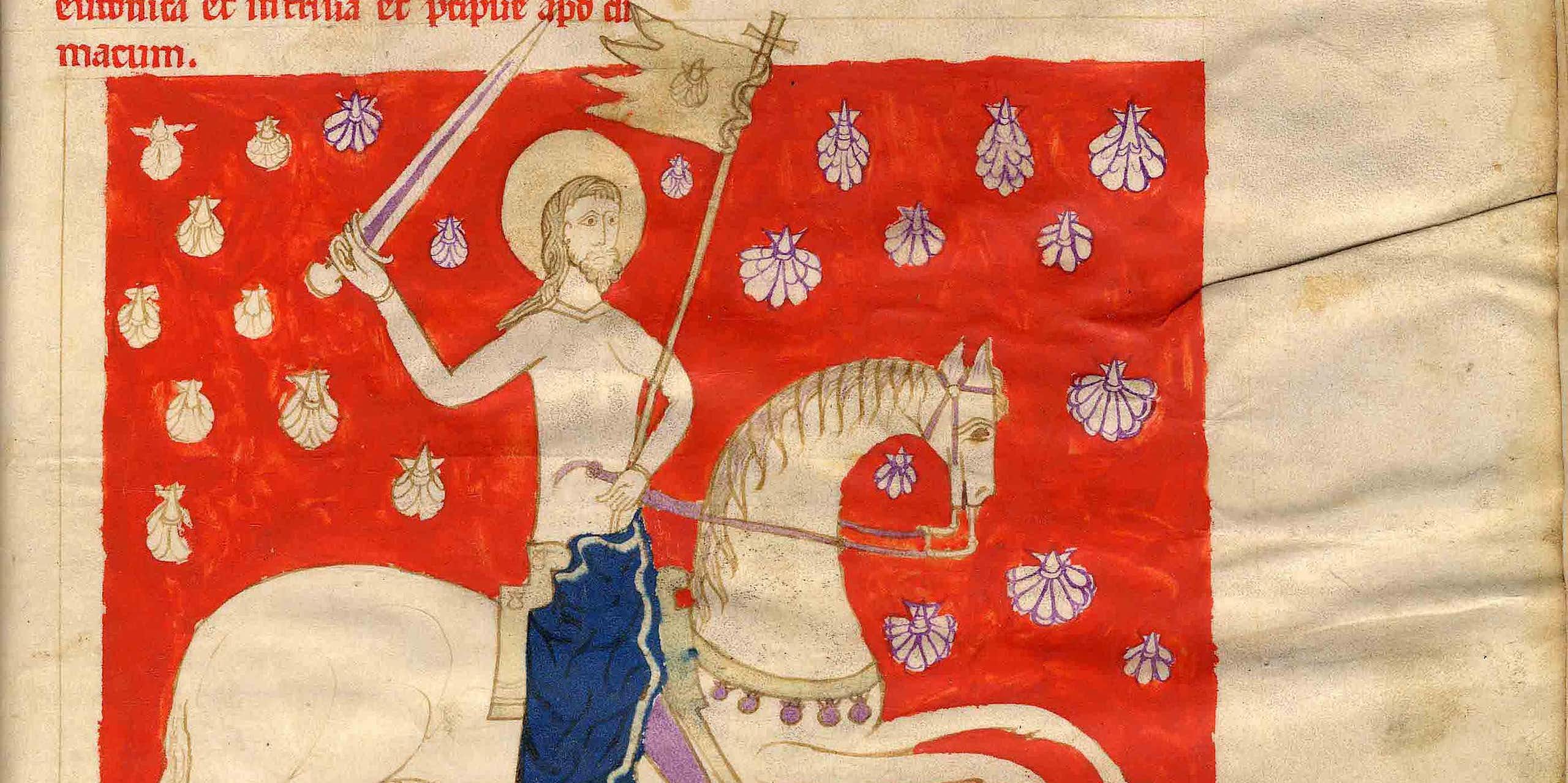 Drawing of a man on horseback surrounded by scallop shells.