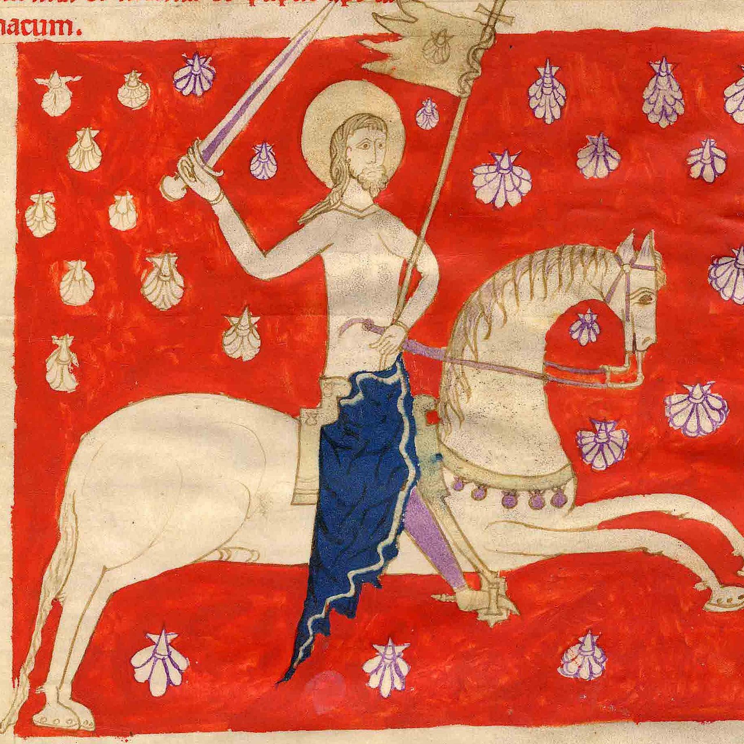 Drawing of a man on horseback surrounded by scallop shells.