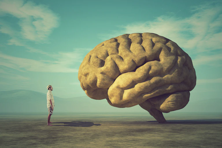 Homme regardant un cerveau géant dans un paysage désertique