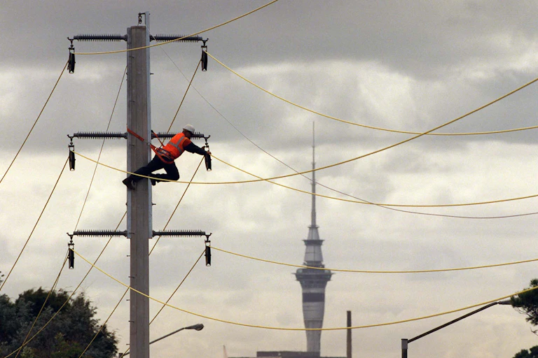 Lineman works on power lines with Sky Tower in the background.