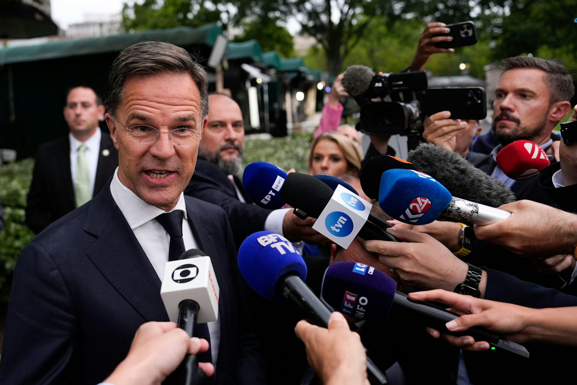 Nato secretary-general Mark Rutte speaks to the press.