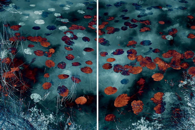 A piece of art showing red water lilies on an ethereal watery smoky blue background.