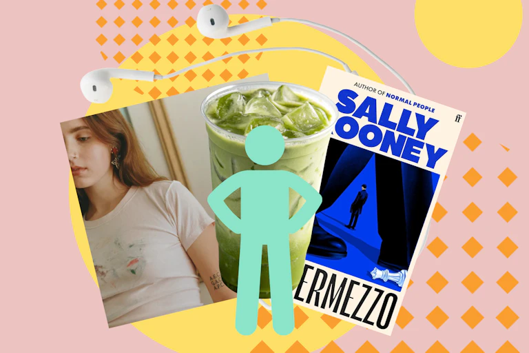 wired headphones, a Clairo album, matcha latte and Sally Rooney book