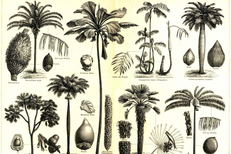 La page consacrée aux palmiers, datant de la fin du 19ème siècle, du _Meyers Konversations-Lexikon_ est un très important ouvrage encyclopédique en langue allemande