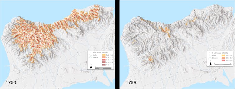 side-by-side maps of where Maroon settlements were believed to be on St. Croix in 1750 and 1799