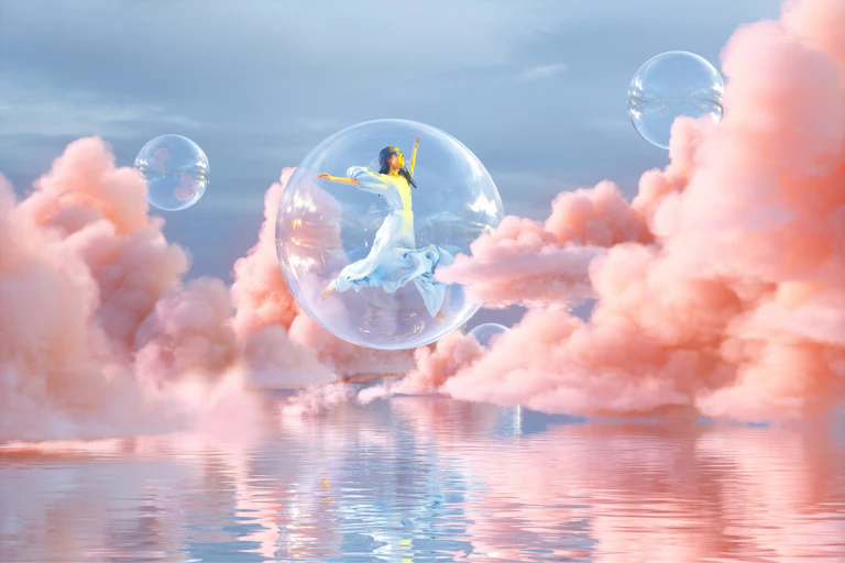 Ilustração onírica de uma bailarina em uma bolha transparente enquanto flutua entre nuvens cor-de-rosa.