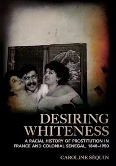 A book cover featuring a black and white photo of a man holding a woman on either side of him, in their old fashioned underwear.