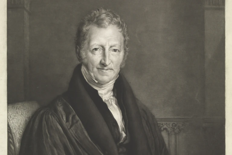 A black and white drawing of a seated man in a heavy coat, holding a book.