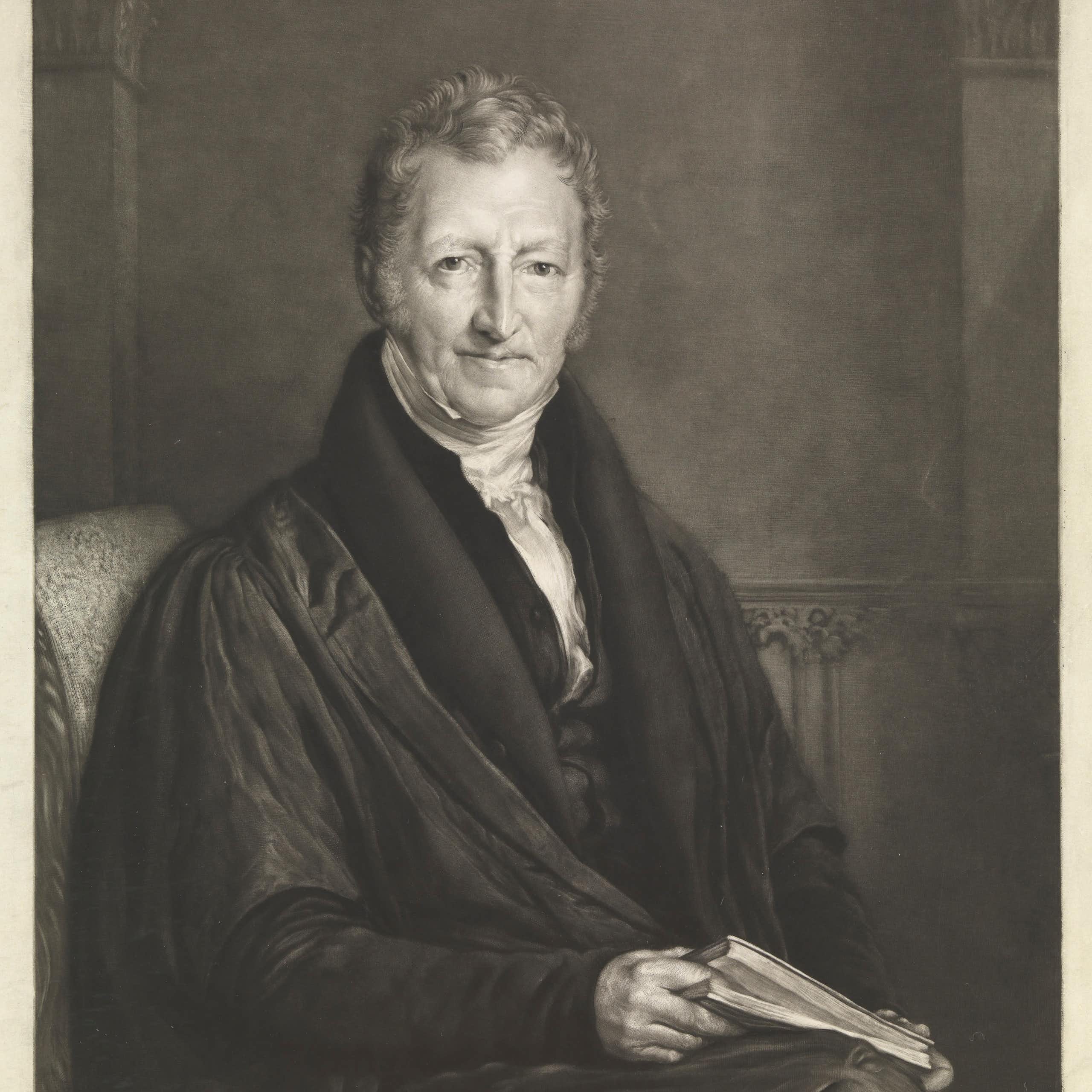 A black and white drawing of a seated man in a heavy coat, holding a book.