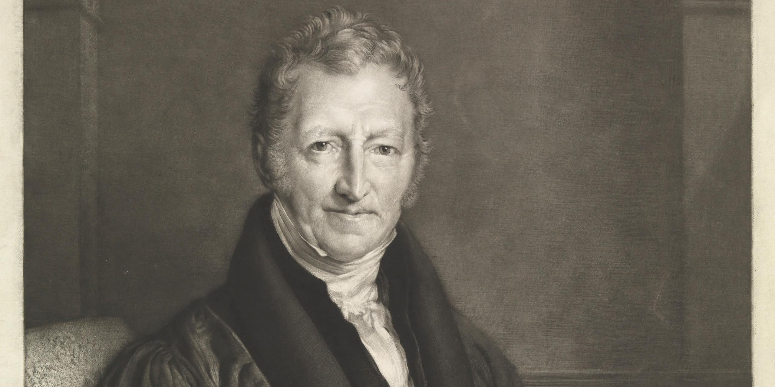 A black and white drawing of a seated man in a heavy coat, holding a book.