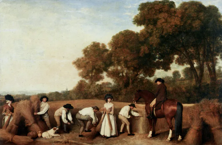 A painting in muted colors of a handful of people working in a grain field, as a man sits on a horse nearby.