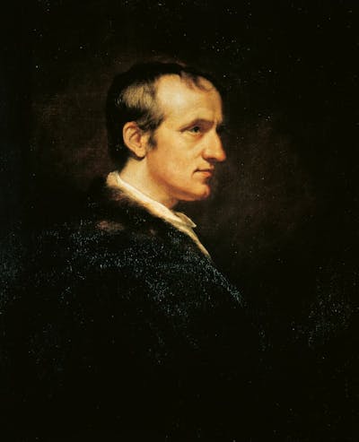 A dark, painted portrait of a brown-haired man, seen from the side.
