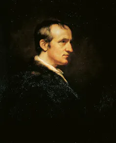 A dark, painted portrait of a brown-haired man, seen from the side.
