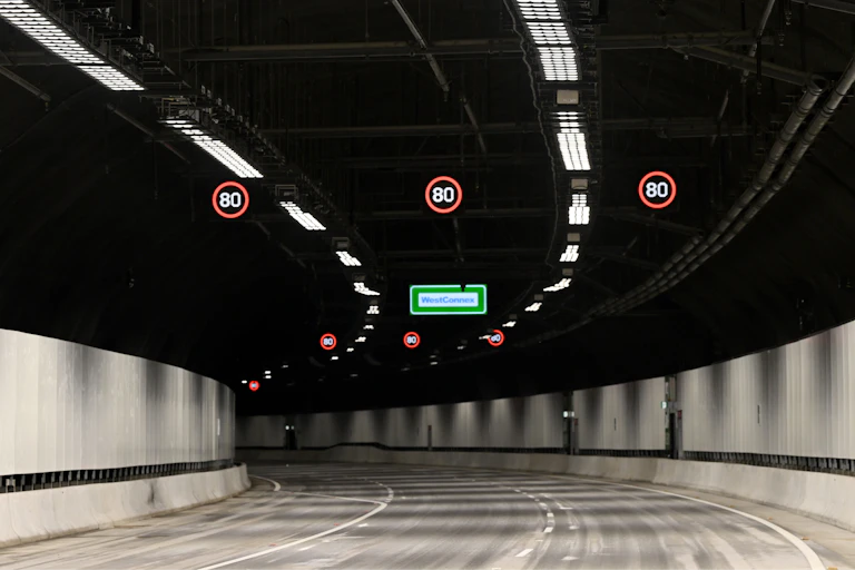 A general view of the WestConnex tunnel in Sydney, 80km per hour speed signs