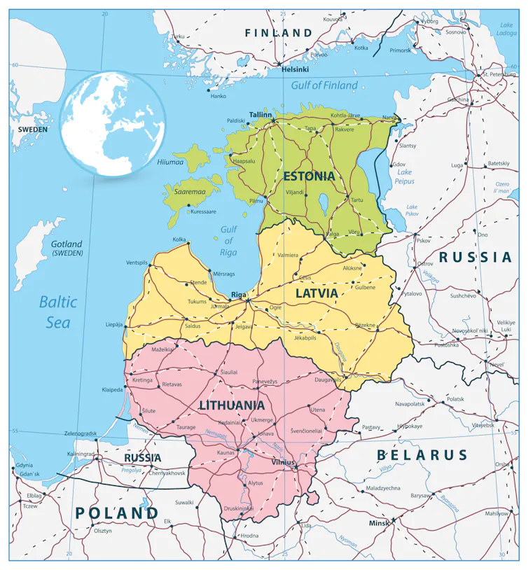 A map of Russia's borders with the Baltic states.
