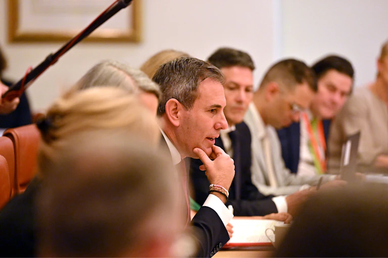 Treasurer Jim Chalmers during an Economic Reform Roundtable in the Cabinet Room at Parliament House, in Canberra