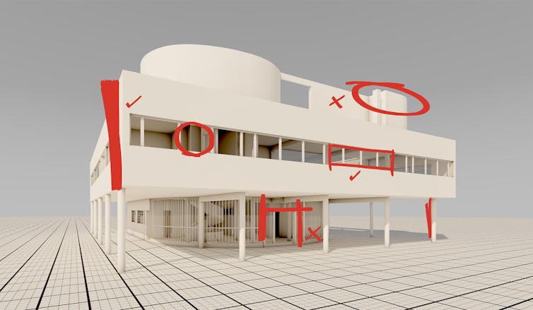 Model of Le Corbusier’s Villa Savoye with red pencil markings