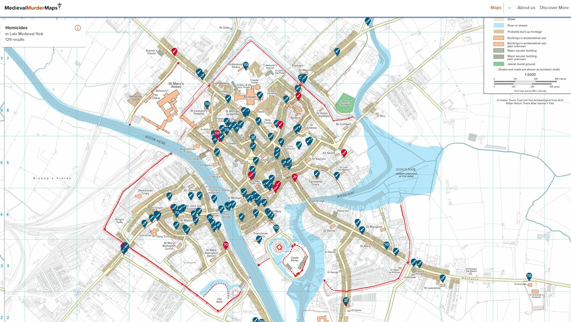 A map of York covered in pinpoints