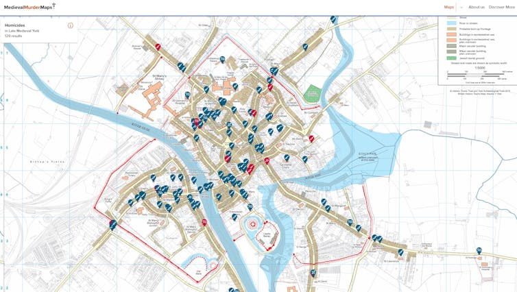 Our medieval homicide maps disclose the unexpected geography of violence in 14th-century English towns 2 A map of York covered in pinpoints