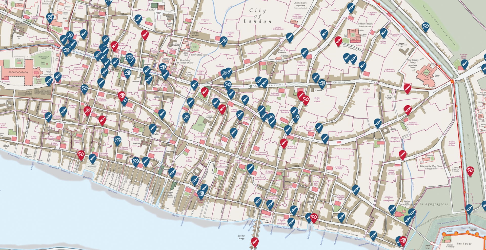 A map of London's embankment covered in pinpoints