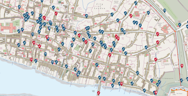 Our medieval homicide maps disclose the unexpected geography of violence in 14th-century English towns 1 A map of London's embankment covered in pinpoints