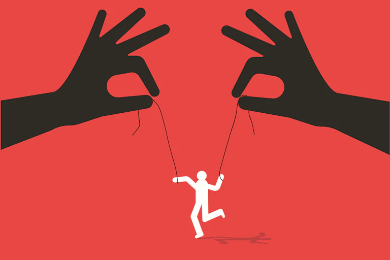 Un graphique montre des mains noires tenant deux ficelles qui contrôlent la silhouette d’une personne, sur un fond rouge.