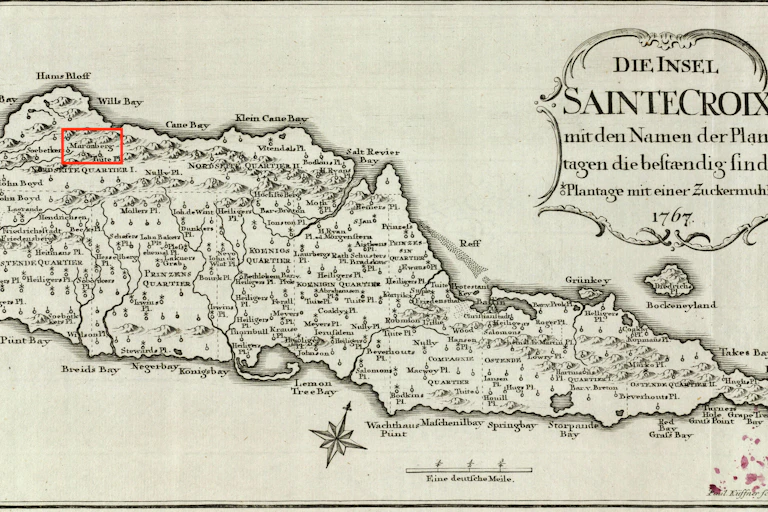 detailed map of St. Croix from 1767 with a small red square in the northwest corner