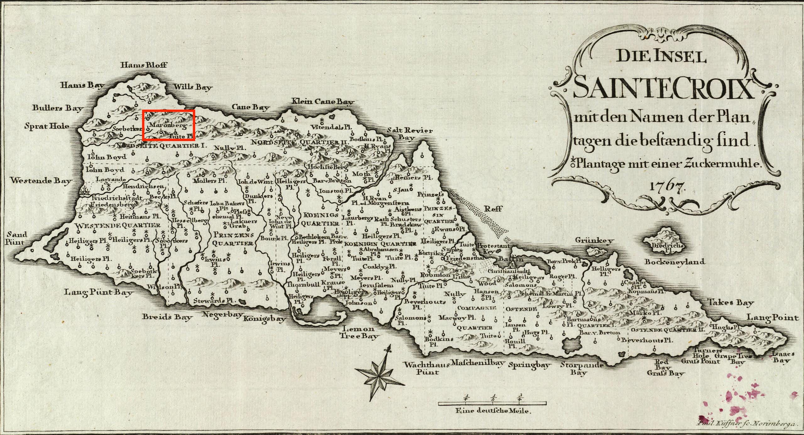 detailed map of St. Croix from 1767 with a small red square in the northwest corner
