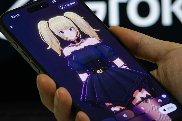 Cartoon of a gothic lolita blonde character in fishnet stockings with Grok logo in the background.