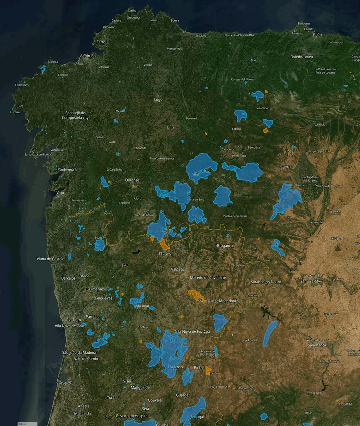 Mapa del noroeste de la península ibérica donde se indica la situación y área de los principales incendios de agosto de 2025